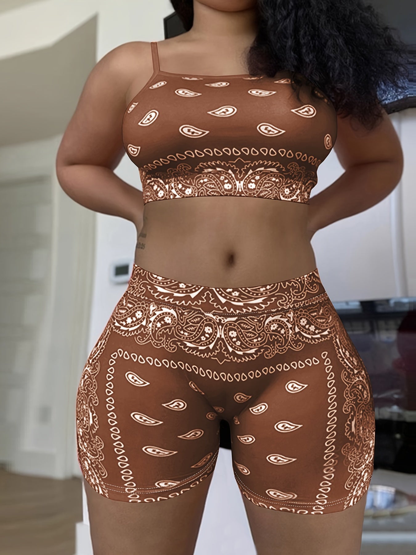 New European and American Women's Summer Clothes Paisley Strappy Sleeveless Shorts Two-Piece Set